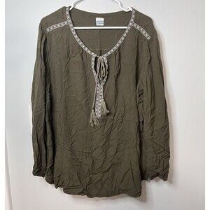 Meri Skye Hunter Green Boho Pheasant Shirt 3/4 Sleeve Tassels Size 2XL